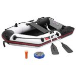 PEXMOR 7.5ft Inflatable Dinghy Boat 0.9mm PVC Sport Tender Fishing Raft Dinghy with Trolling Motor Transom,Full Floor and Fishing Rod Holders – Fit 2 People (Black Grey)