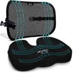 Back Support Seat Cushion Set – Memory Foam With Orthopedic Design To Relieve Coccyx, Sciatica And Tailbone Pain From Prolonged Sitting In The Car, Office Or Kitchen Chairs – Mesh Breathable Material