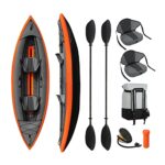 Bonnlo Inflatable Kayak 2 Person Foldable Tandem Kayak for Recreational Touring with 2 Kayak Seats, 2 Paddles, Foot Pump, 3 Fins, Storage Backpack, 330 lbs Weight Capacity