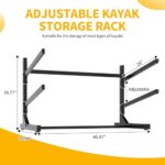 Reegangfa Freestanding Kayak Storage Rack, 2-Capacity Heavy Duty Metal Kayak Stand for Outdoor and Indoor, Adjustable Kayak Holder with Wheels, Canoe Rack for SUP, Sled, Paddle Board, Surfboard,Garage